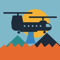 Dip & Drop app icon: a Chinook crossing the sun over a fire line