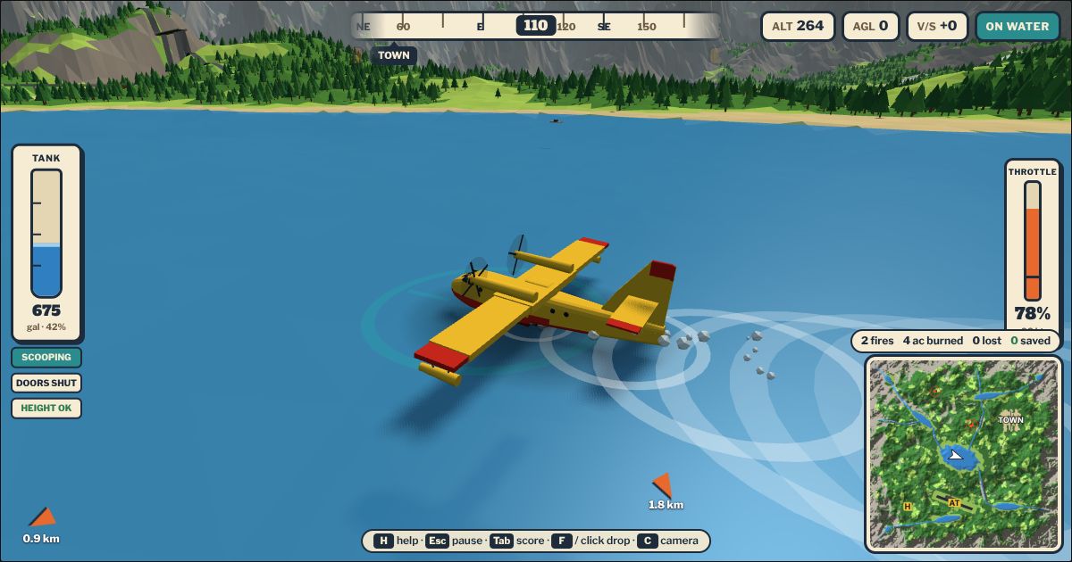 A yellow CL-415 Super Scooper skims across a blue lake, scooping water