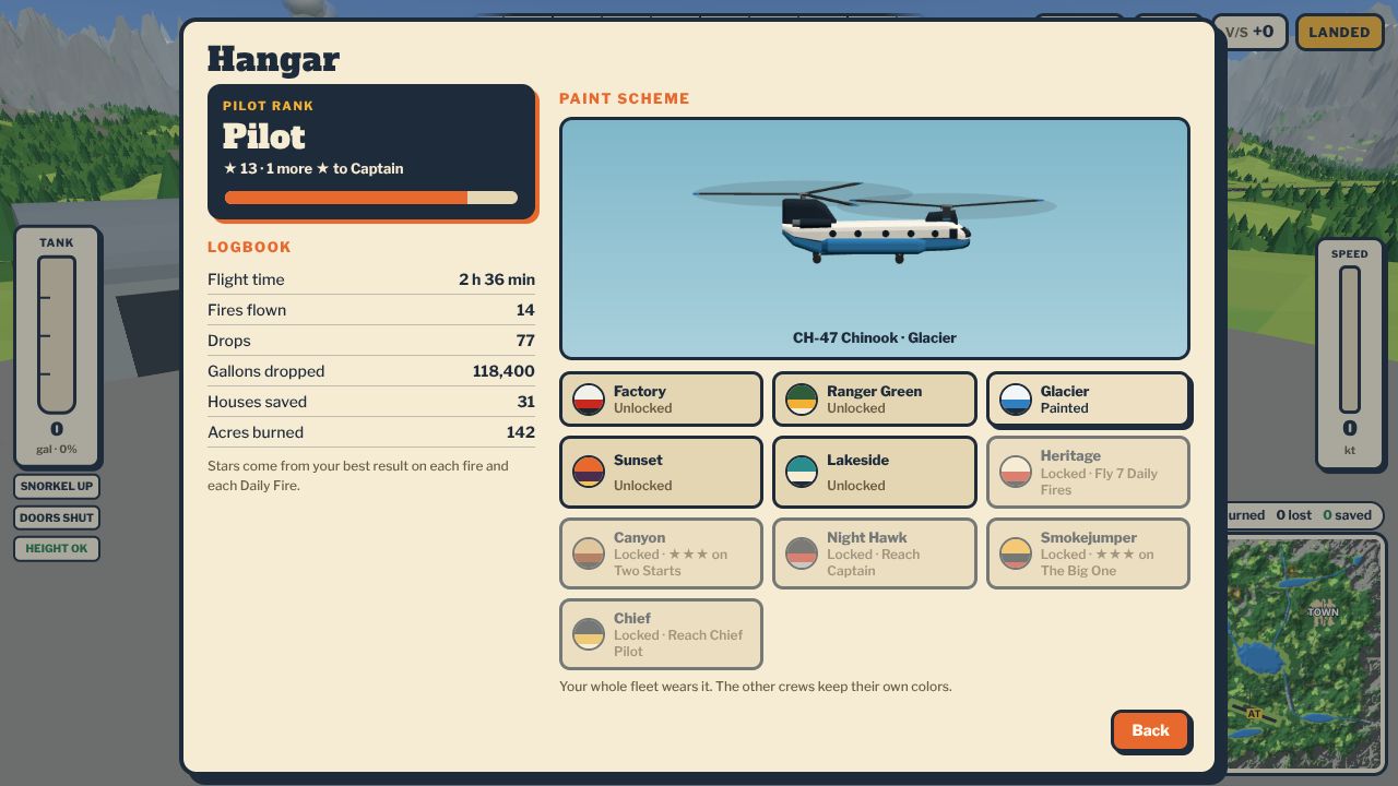 The Hangar screen showing pilot rank, a logbook and unlockable paint schemes for the Chinook