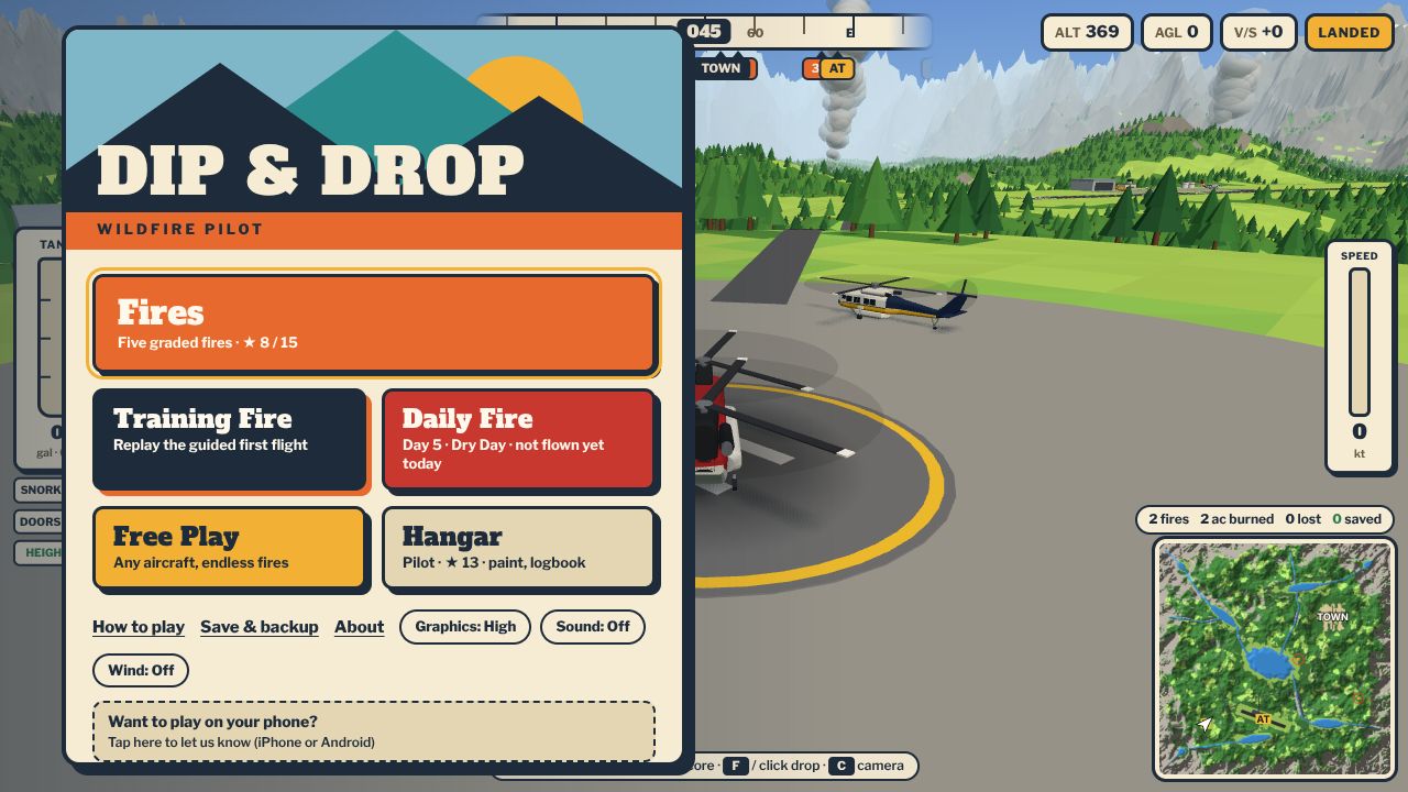 The Dip & Drop main menu: a park-poster title over Fires, Training Fire, Daily Fire, Free Play and Hangar tiles