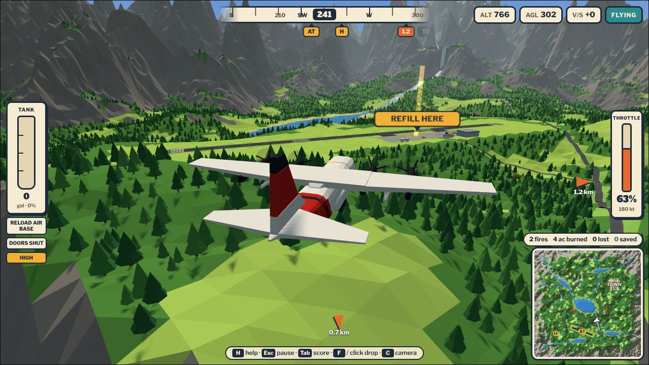 A firefighting plane flies over forested hills toward the airtanker base, with smoke on the horizon
